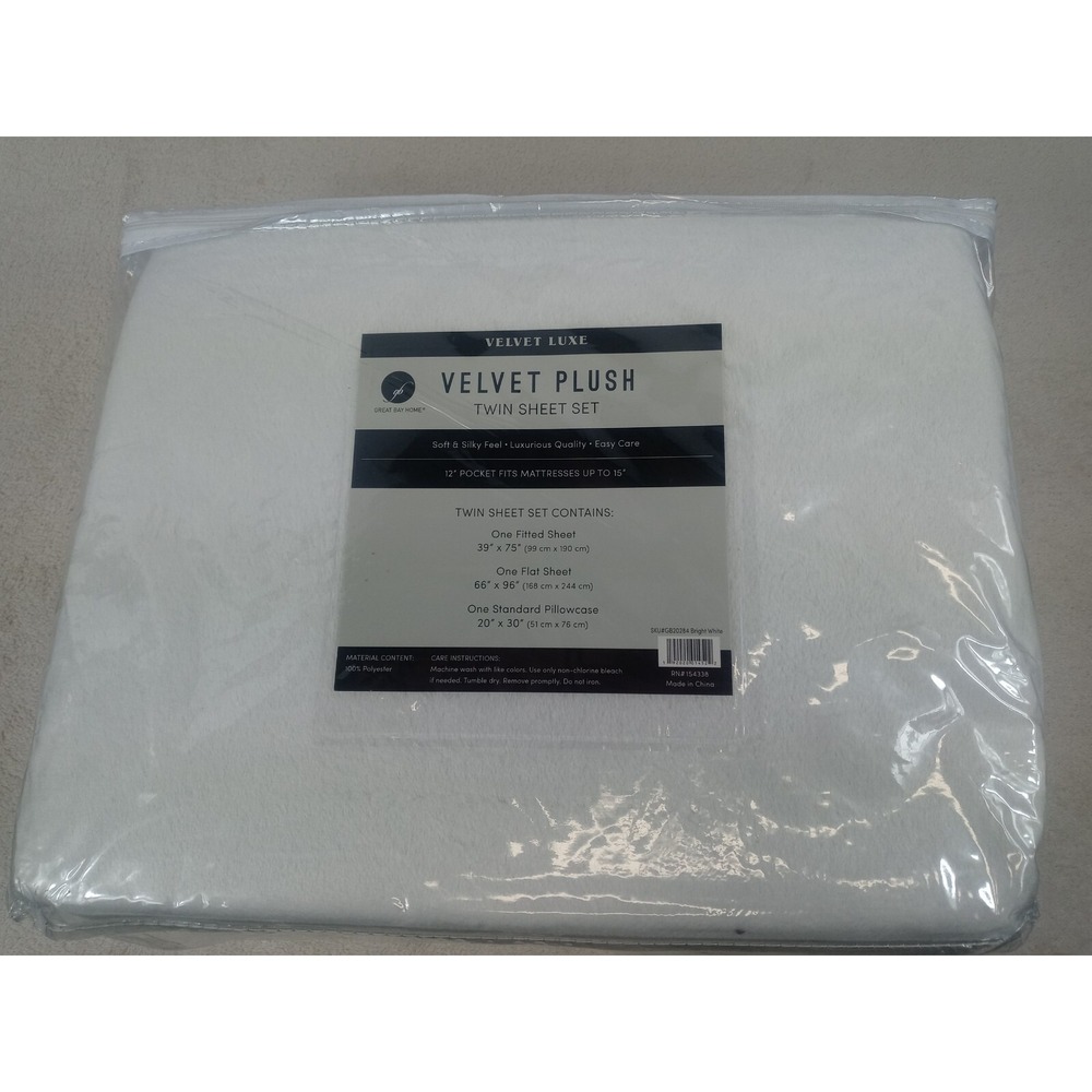 Twin Sheet Set White Velvet Plush Extra Soft Velvet Luxe Sheets Great Bay Home - Picture 3 of 7